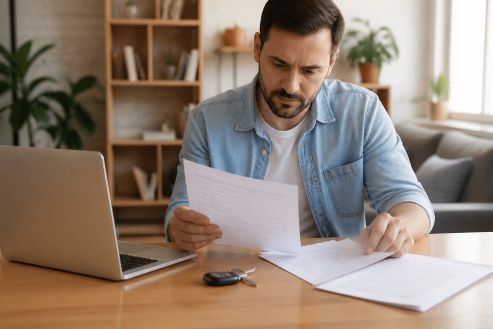 Person reviewing paperwork for Montana vehicle registration at a bright home office desk with keys nearby