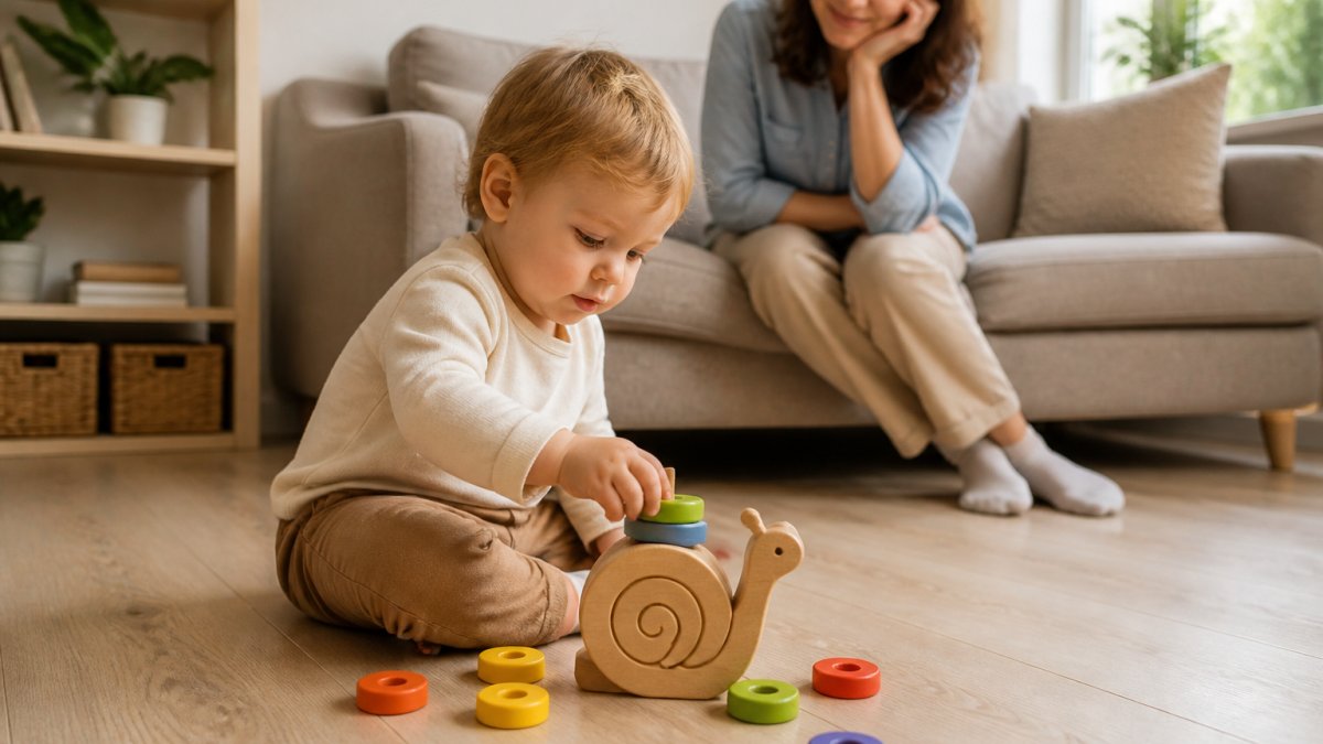 Toddler stacking colorful wooden rings on a spiral snail toy on a floor