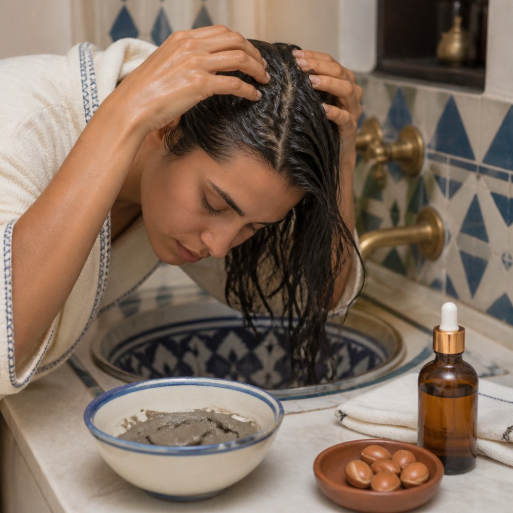 Woman massaging Argan oil into her scalp as part of traditional Moroccan beauty rituals with Ghassoul clay nearby.