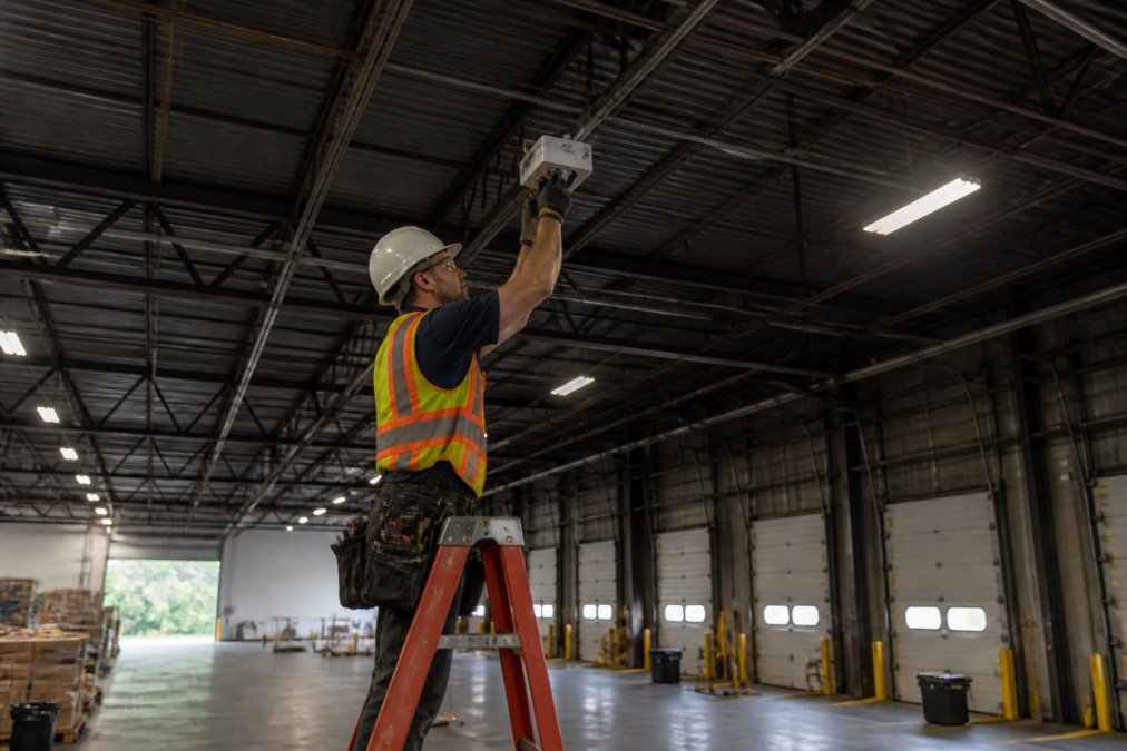 Professional electrician installing motion sensor fixtures on warehouse ceiling above loading dock area with LED lights, natural warehouse lighting visible