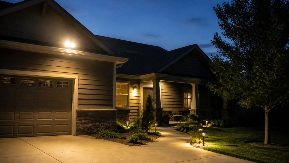 A well-lit suburban home exterior at dusk with a motion-activated floodlight illuminating the driveway and front walkway, warm light glowing against the evening sky