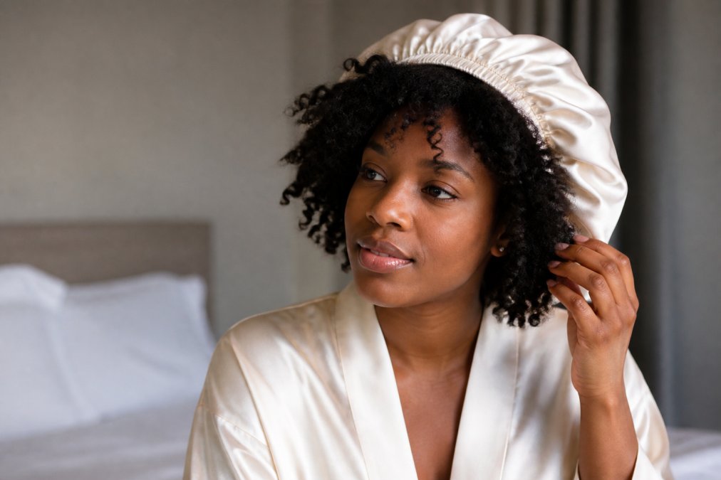 A close-up photograph of a woman with natural coily hair wearing a luxurious cream-colored mulberry silk bonnet, gently touching her hair with a serene expression in a softly lit bedroom