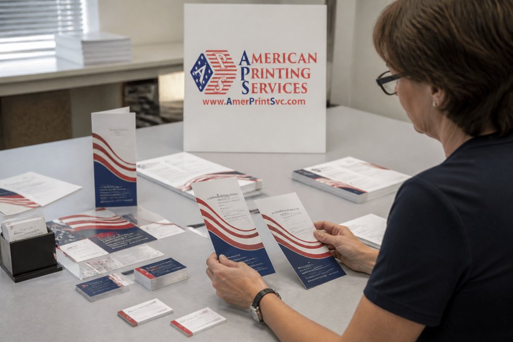 Marketing professional comparing printed branded materials including business cards, brochures, and signage laid out on a desk under bright office lighting, carefully checking color accuracy and design consistency between samples