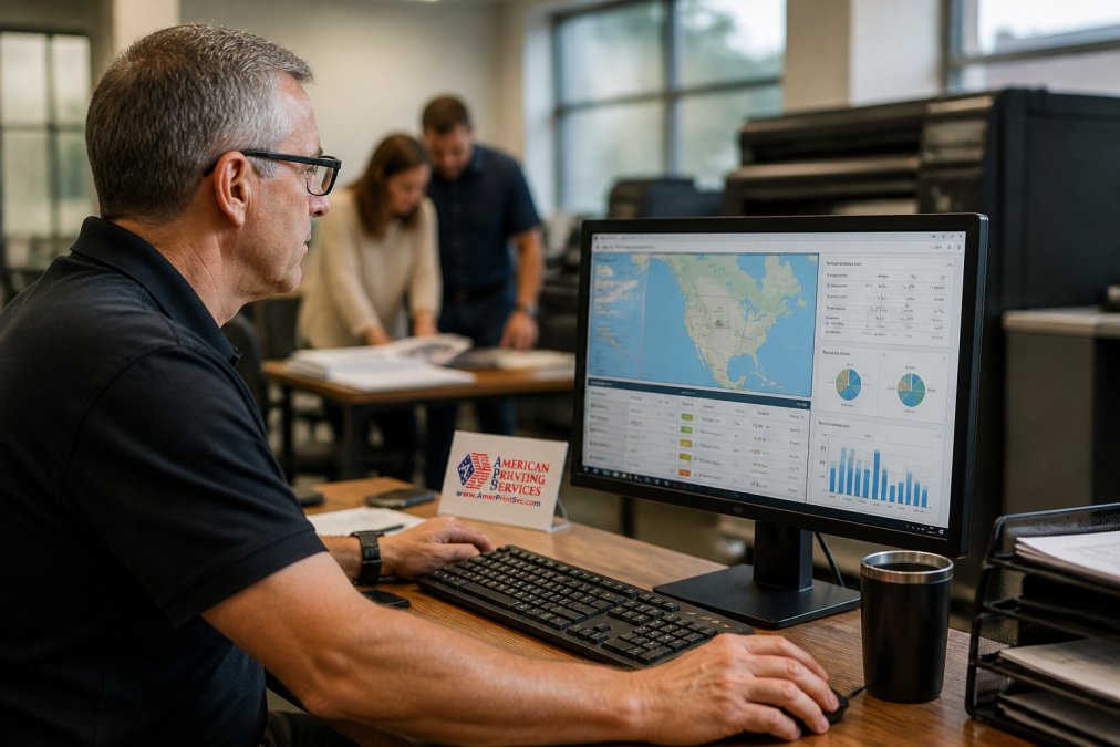 Operations manager reviewing print orders on a desktop computer monitor in a modern office environment, with facility location maps, production status dashboards, and KPI tracking charts visible on the screen and in the background