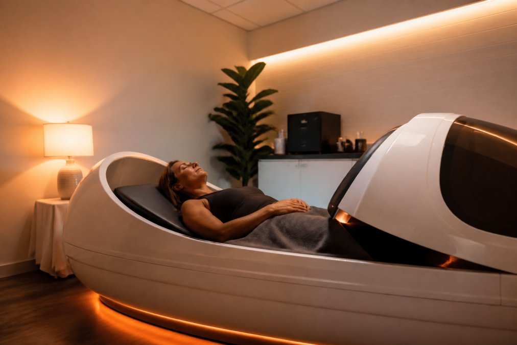 Person lying comfortably in a sleek, modern wellness pod surrounded by soft amber and blue ambient lighting in a clean clinical-style room with white walls and minimal equipment