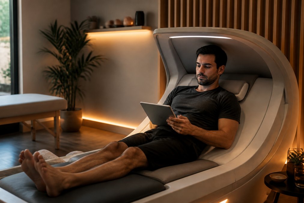 Health-conscious adult in their 30s reviewing personalized wellness data on a tablet while reclined in a modern home wellness room with warm indirect lighting and minimal furnishings