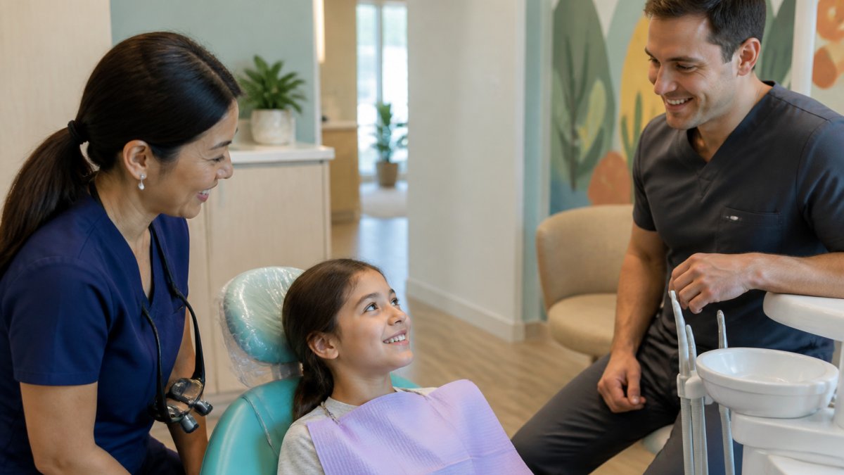 A young patient sitting comfortably in a dental chair while a pediatric dentist and an orthodontist stand nearby reviewing a digital scan on a wall-mounted screen, bright modern clinic with colorful child-friendly decor and soft natural light