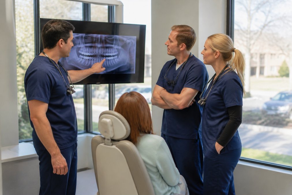 Team of dental specialists in clinical attire reviewing patient imaging on a digital display in a modern dental office with natural lighting