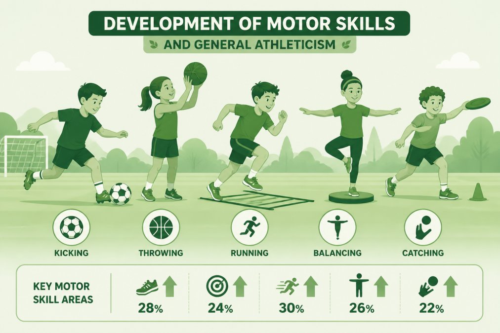 Group of young children practicing diverse athletic movements on a grass field, some kicking a soccer ball, others throwing a basketball, one child balancing on one leg, showing varied motor skill development in bright afternoon sunlight