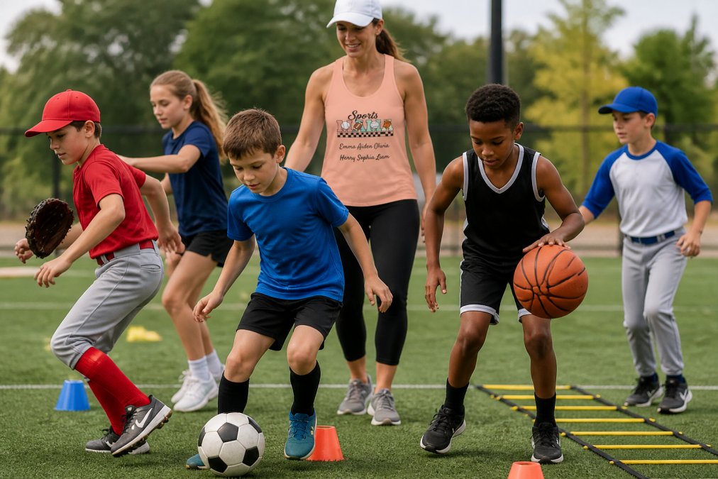 Young athletes in different sports uniforms (baseball, soccer, basketball) practicing together on a field, showing varied movement patterns and coordination exercises during skill development