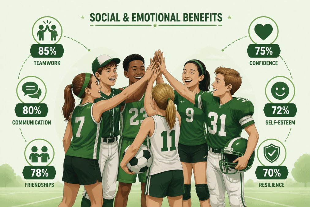 Group of young athletes in different team uniforms celebrating together after a game, smiling and giving high-fives, showing genuine camaraderie and team bonding in natural outdoor lighting