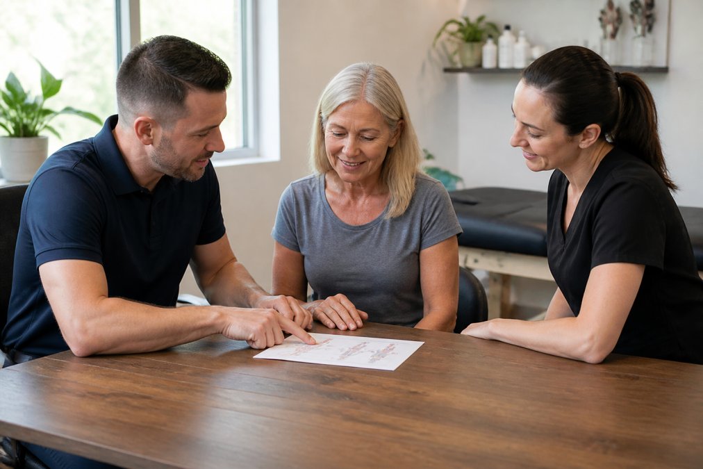 A patient in a bright, modern clinic consulting with a chiropractor and massage therapist together at a table, reviewing a printed treatment plan with natural daylight