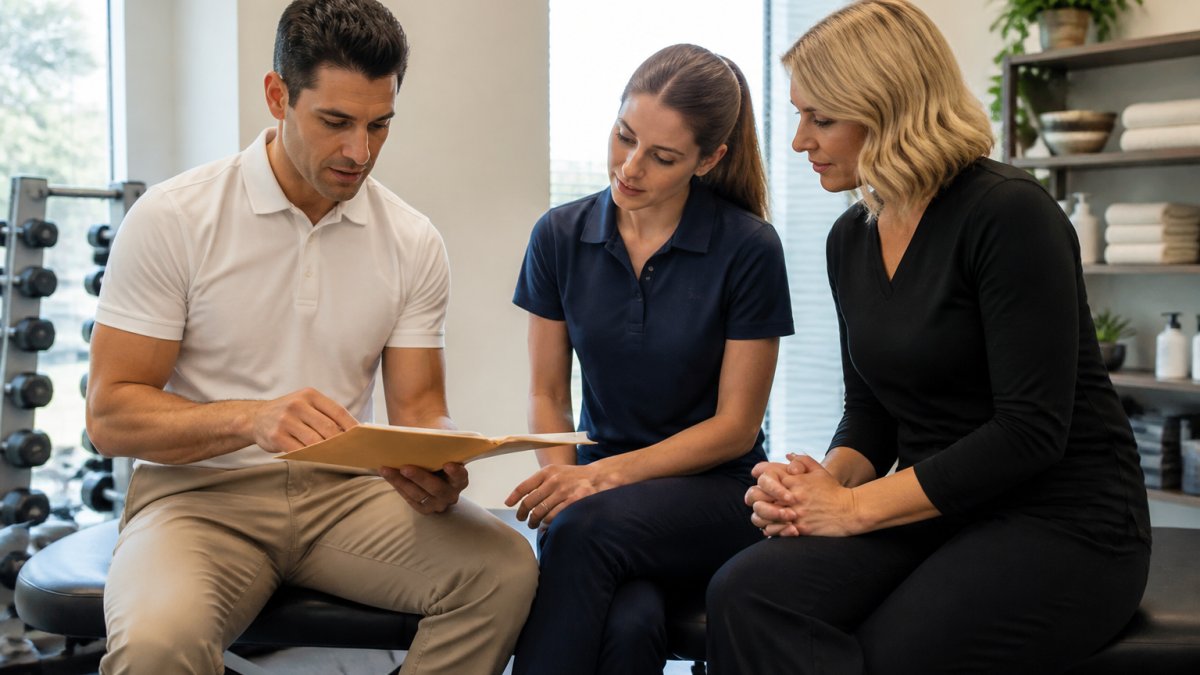 Diverse healthcare team including a chiropractor, physical therapist, and behavioral health specialist reviewing a patient's treatment plan together in a bright, modern clinic setting with natural lighting