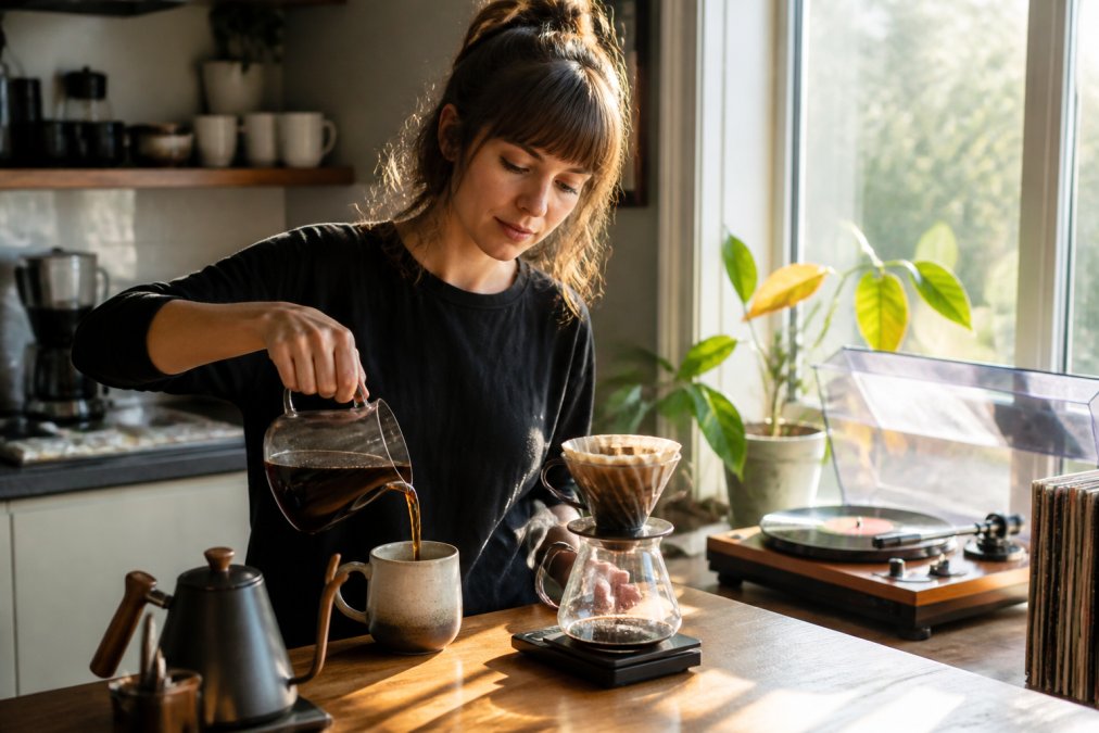 A person in a sunlit kitchen pouring a cup of mushroom coffee from a pour-over setup, with a vinyl record spinning in the background and a calm, focused expression on their face