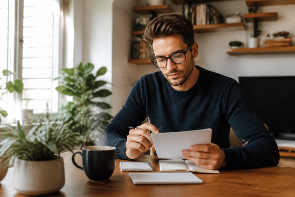 A person working at a clean desk with a steaming mug of mushroom coffee, looking focused and alert while reviewing notes on a laptop in a bright home office