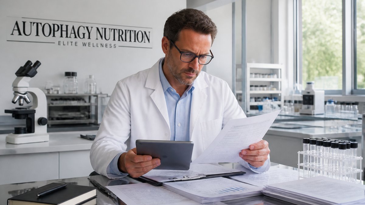 A researcher in a lab coat reviewing clinical trial documents and data on a tablet in a bright, modern research facility