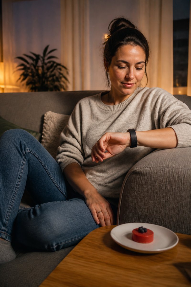 A person sitting comfortably on a couch checking their watch with a relaxed expression, a small sugar-free tart on a plate nearby, warm evening lighting