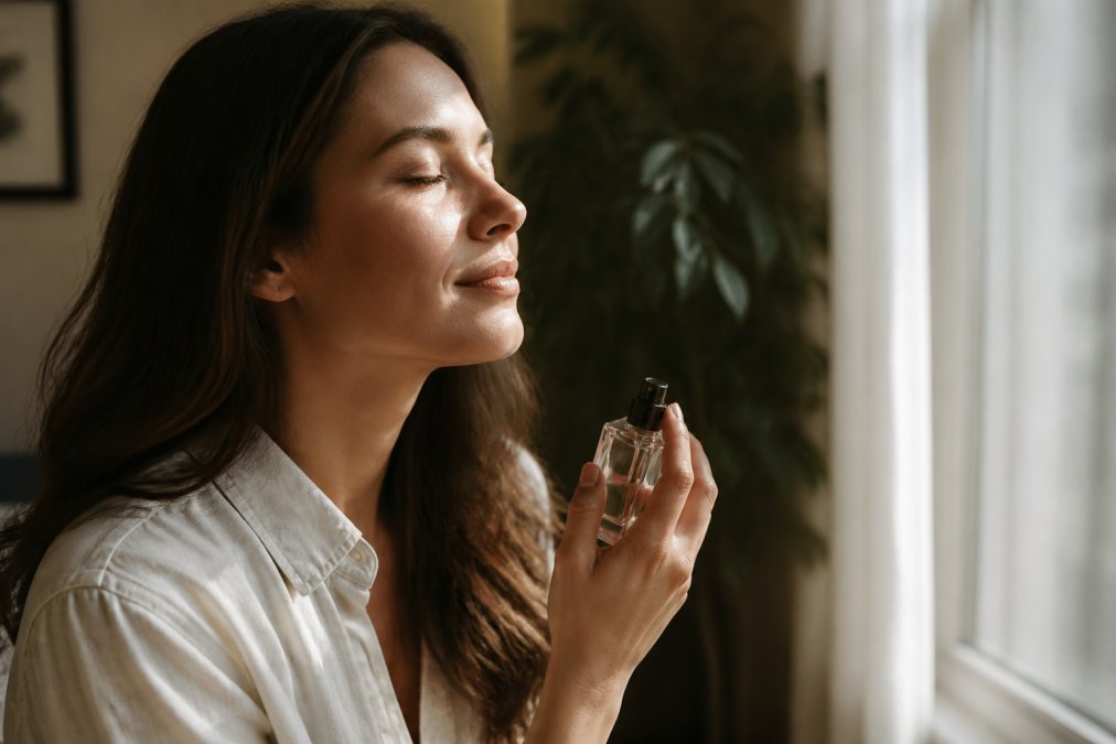 Person holding a fragrance bottle with eyes closed in a moment of reflection, soft natural light streaming through a window, appearing to recall a cherished memory