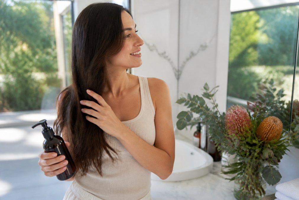 A woman with healthy, shiny hair holding an amber pump bottle of organic shampoo in a bright bathroom, eucalyptus branches and native flowers on the counter beside her, soft morning light through a window