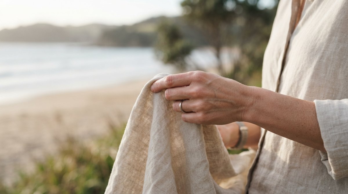 Close-up of a woman's hand gently holding the fabric of a natural linen shirt, with soft, blurred coastal light in the background