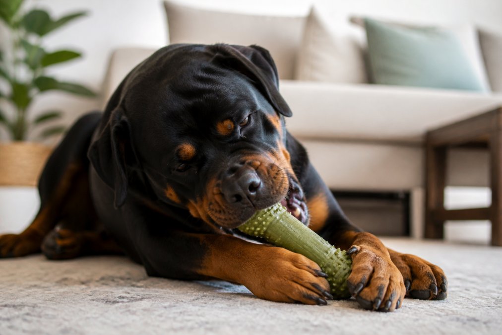 Large dog breed actively chewing on a natural rubber toy, showing the toy's textured grip and the dog's focused engagement in a bright home setting