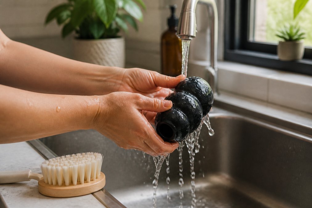 Hands rinsing a natural rubber dog toy under running tap water in a sink, with a soft-bristled brush resting on the counter nearby, warm lighting from a kitchen window