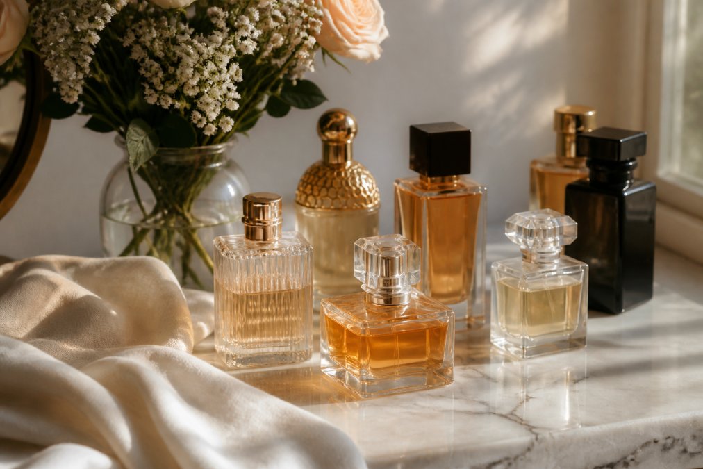 Elegant niche fragrances arranged on a marble vanity with fresh flowers and soft linen in warm natural light.