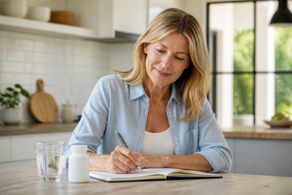 A woman in her mid-50s sitting at a bright kitchen table with a glass of water and a supplement bottle, looking focused and energetic while reading a notebook