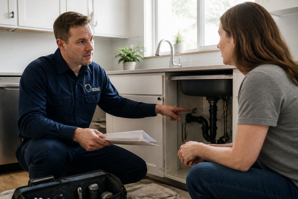 Professional plumber discussing home repairs with a client while vetting no service charge plumbers