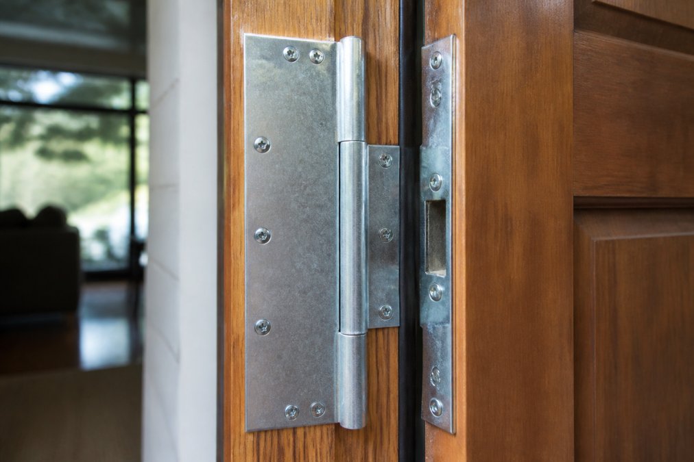 Close-up of galvanized steel door reinforcement hardware installed on wooden door frame, showing hinge shields and strike plate reinforcement with visible installation hardware in place