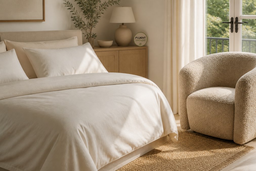 Infographic diagram illustrating hypoallergenic non-toxic decor materials used in a sunlit bedroom setting