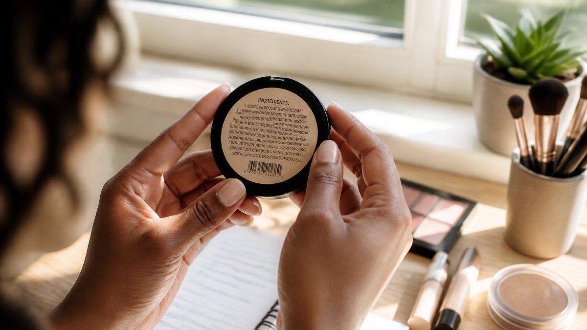 Close-up of hands holding a makeup compact with visible ingredient label text, natural window lighting illuminating the label clearly