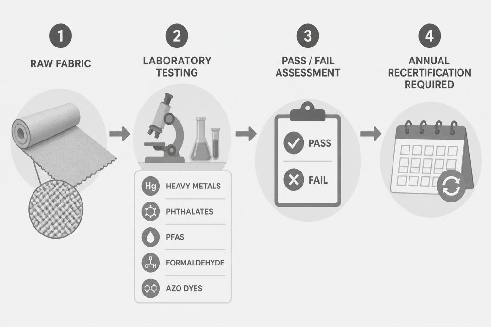 Diagram showing OEKO-TEX STANDARD 100 testing process: Raw fabric → Laboratory testing for heavy metals, phthalates, PFAS, formaldehyde, azo dyes → Pass/Fail assessment → Annual recertification required