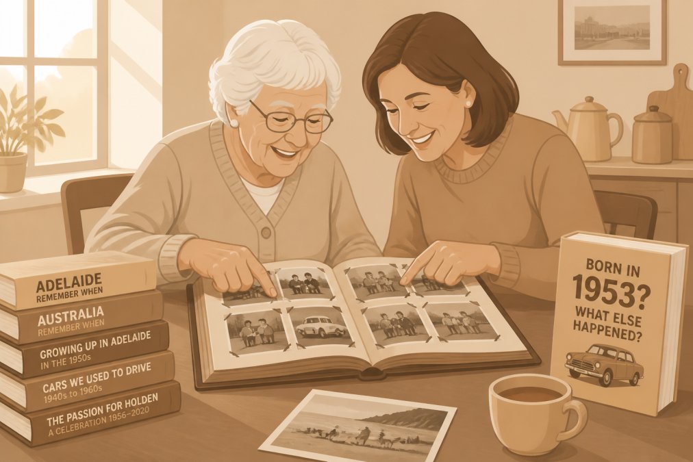 Older adult and family member looking through a vintage photo album together at a kitchen table, smiling and pointing at memories, warm natural afternoon light streaming through a window