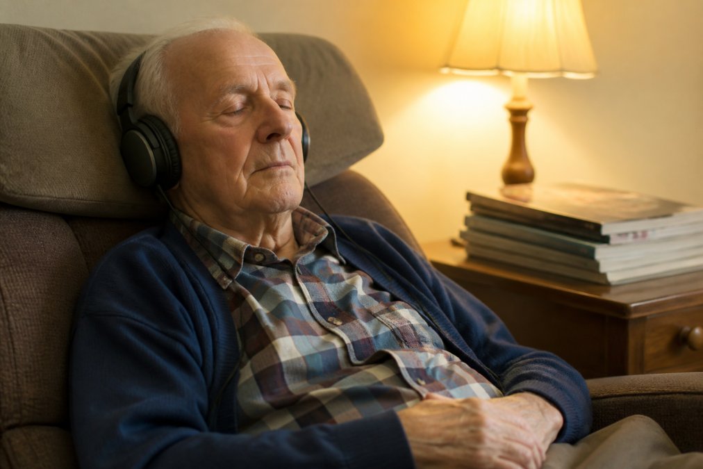 Elderly person wearing headphones with eyes closed, listening to music in a comfortable home setting, appearing peaceful and engaged, soft warm lighting from a bedside lamp
