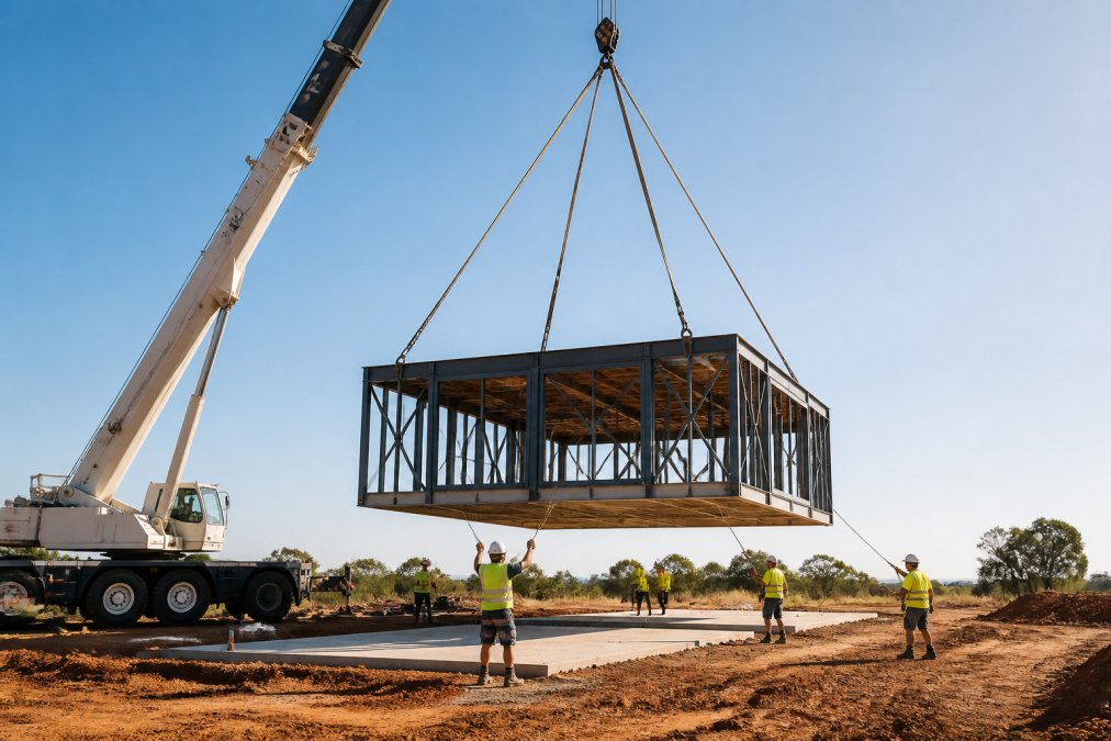 A steel-framed modular home module being lifted into place on a prepared site by a crane, with builders guiding it on a clear morning