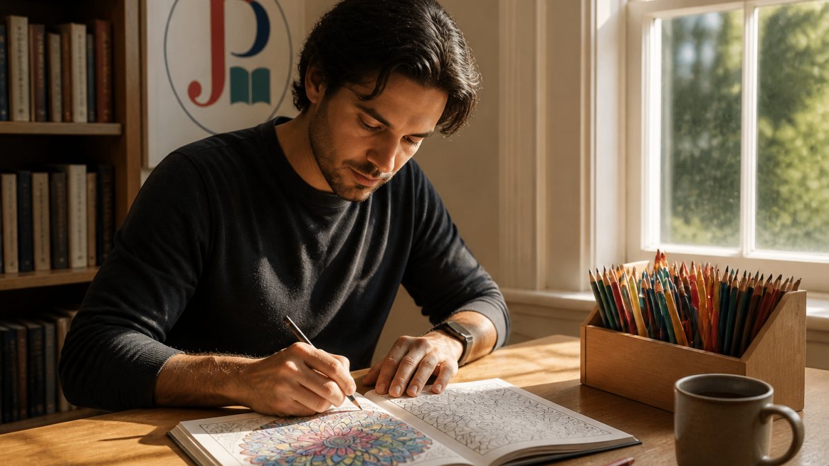 Adult sitting at a cozy home workspace with an open coloring book, colored pencils arranged in a holder, and warm natural lighting streaming through a window, showing a peaceful moment of creative focus