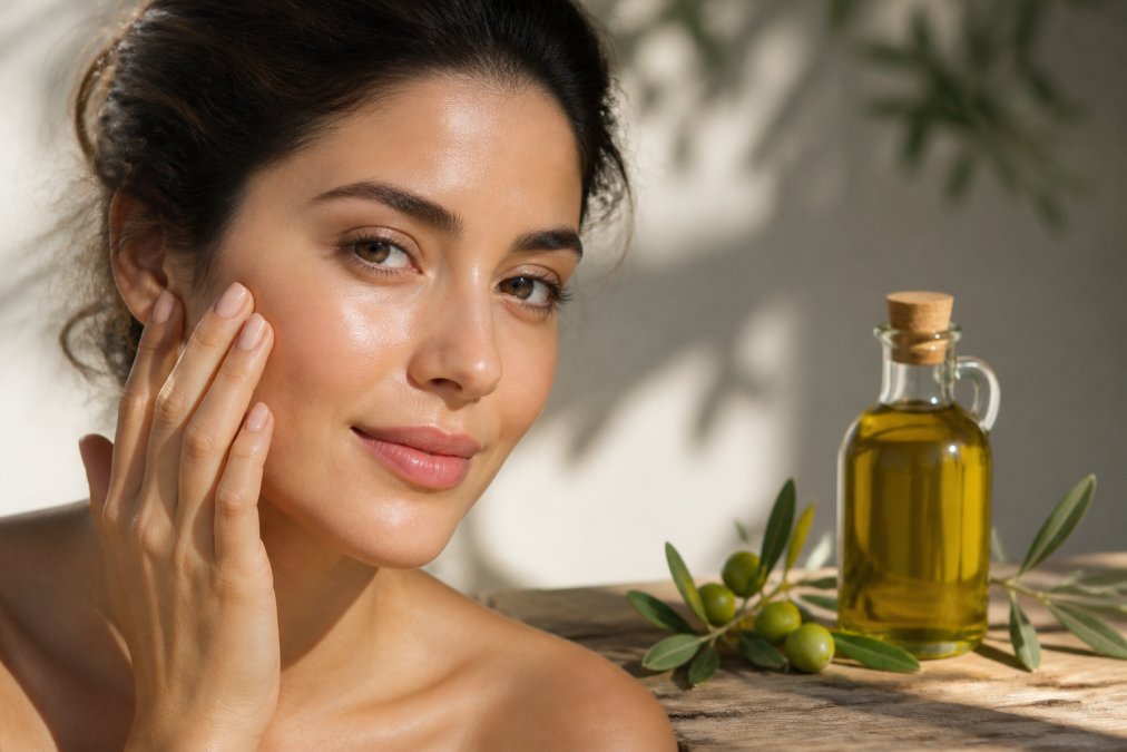 Close-up of a woman with glowing, hydrated skin gently pressing fingertips to her cheek, with a small bottle of golden olive oil and green olive branches on a wooden surface beside her