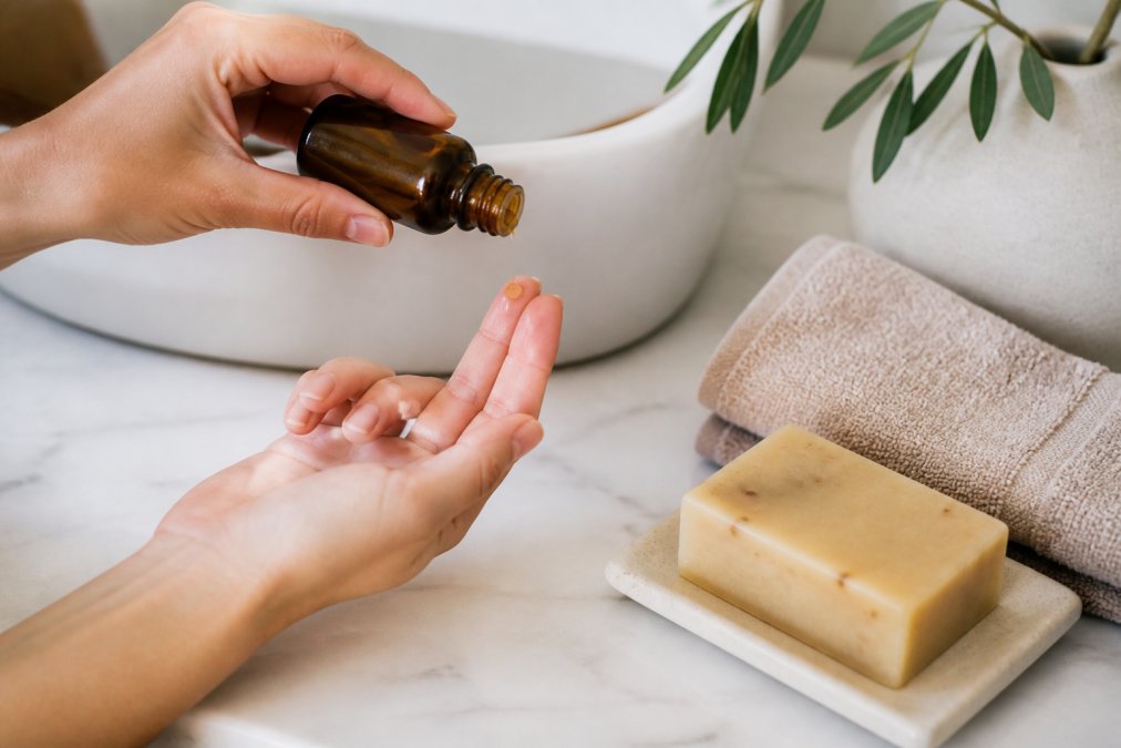 Hands pouring a few drops of golden olive oil from a dark glass bottle onto fingertips, with a handcrafted bar of soap and a soft cotton towel arranged neatly on a marble bathroom counter