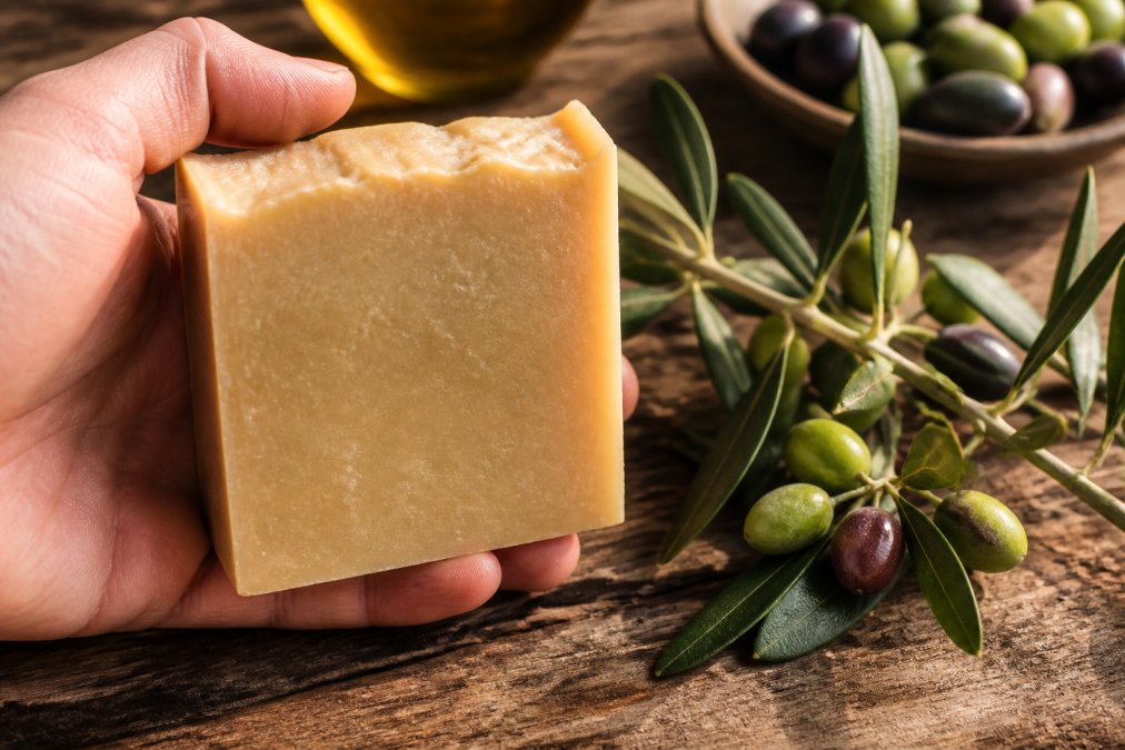Hand holding a textured handmade soap bar next to fresh olive branches on a wooden table surface