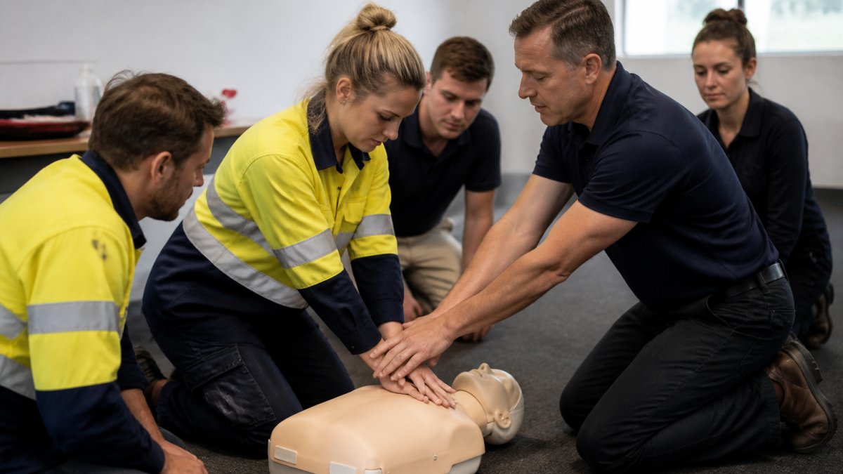 Instructor guiding workers practicing CPR on a manikin during on-site first aid training