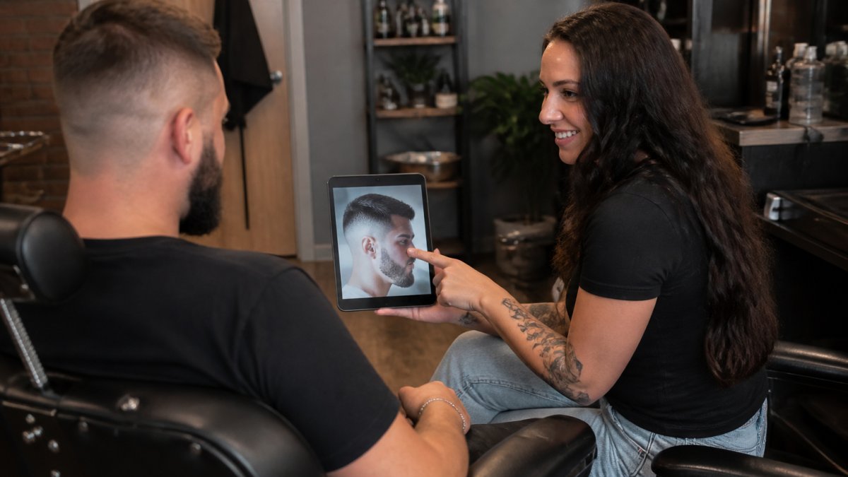 Process flowchart for a one chair barber conducting a personalized style consultation using digital references.