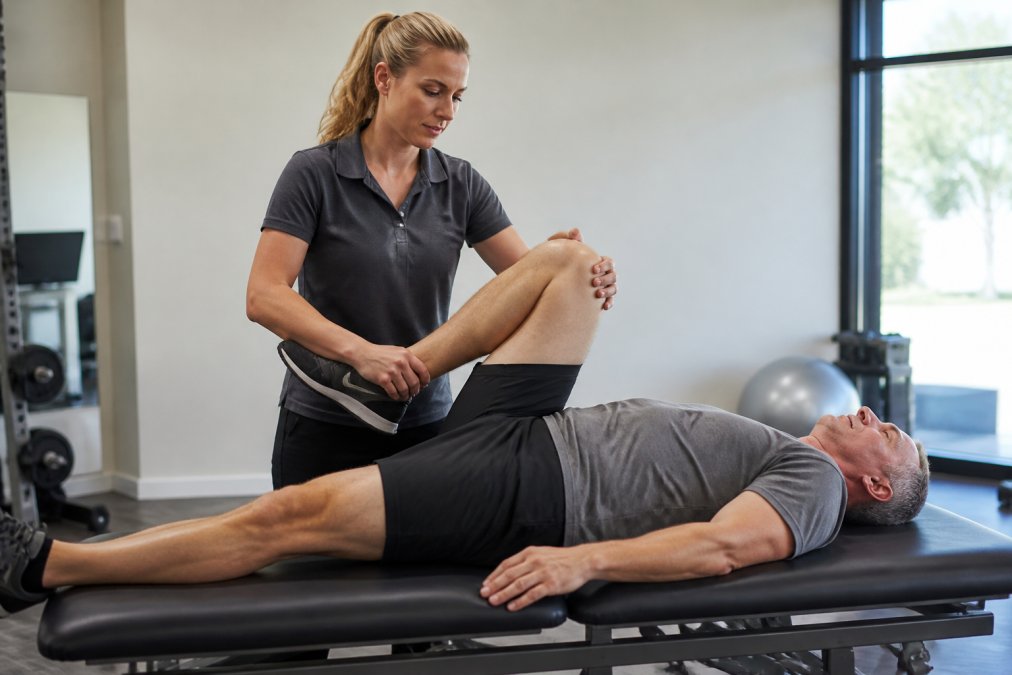 A physical therapist working one-on-one with a middle-aged patient in a bright clinic, guiding a gentle back movement while the patient lies on a treatment table