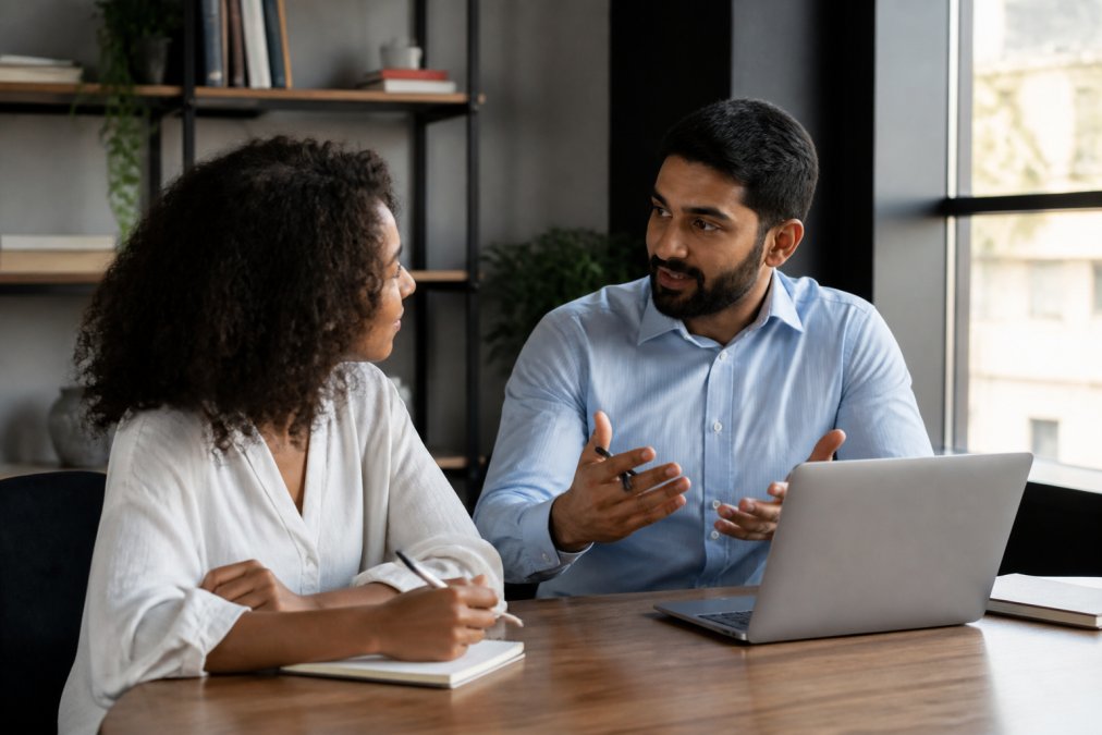 A mentor and mentee in a focused one-on-one conversation at a desk, with a laptop and notepad visible, warm natural lighting through a window