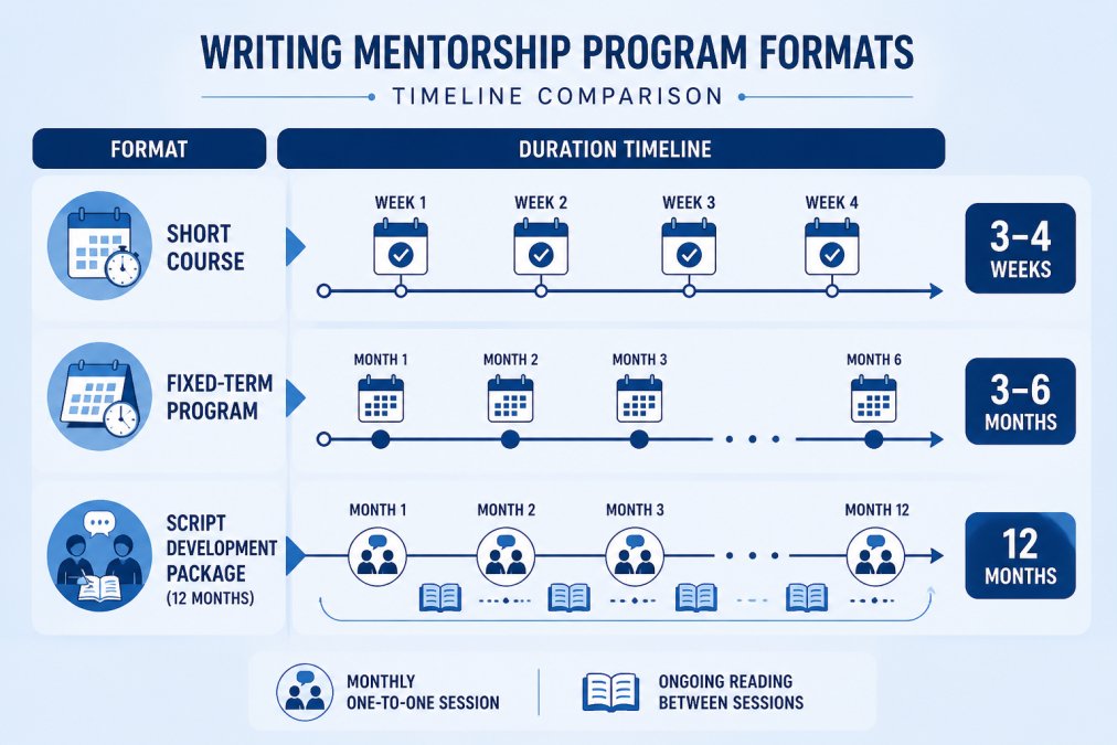 Diagram comparing timelines for three writing mentorship formats ranging from four-week courses to twelve-month programs.
