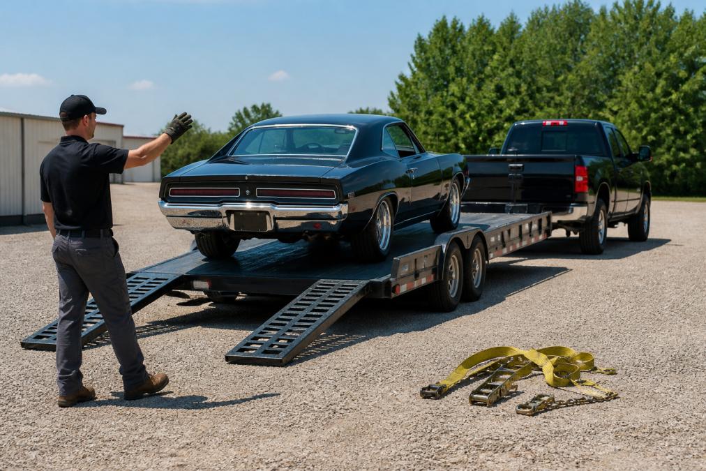 Person in work clothes guiding a classic car onto one of our open car trailers using a loading ramp and tie-down straps.