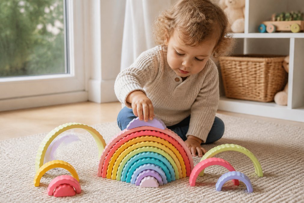 A toddler sitting on a carpeted floor, building and stacking wooden blocks in various configurations, natural light streaming through a nearby window, blocks in soft natural wood tones and gentle colours