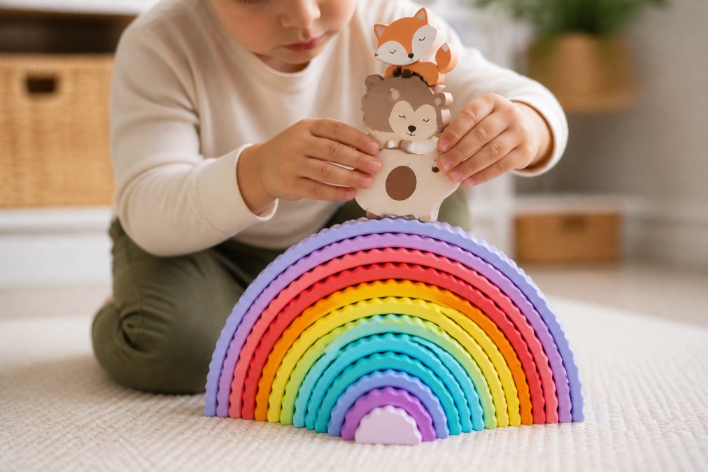 Close-up of a child's hands carefully balancing wooden animal stacking pieces, showing concentration and fine motor control, natural daylight illuminating the delicate balance