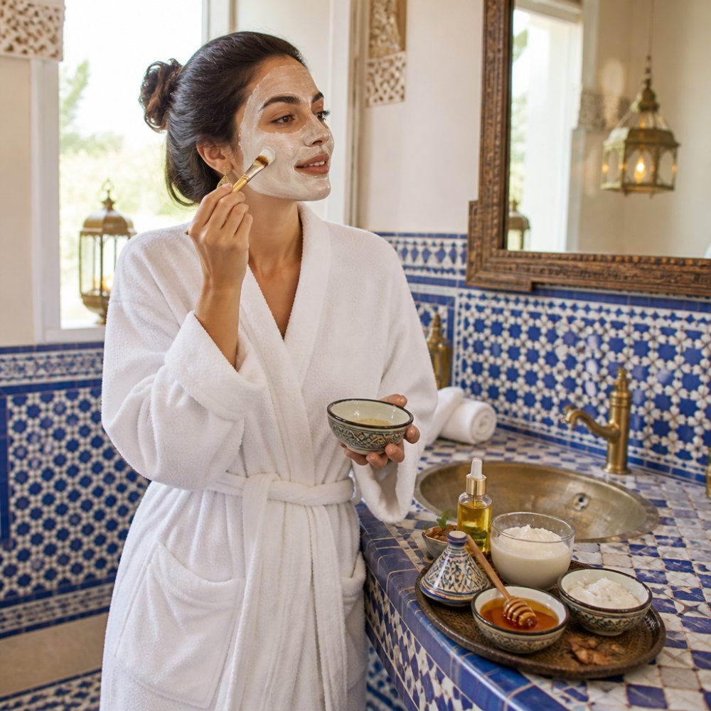 Woman applying a creamy DIY organic anti-aging mask with honey and yogurt in a bright bathroom setting