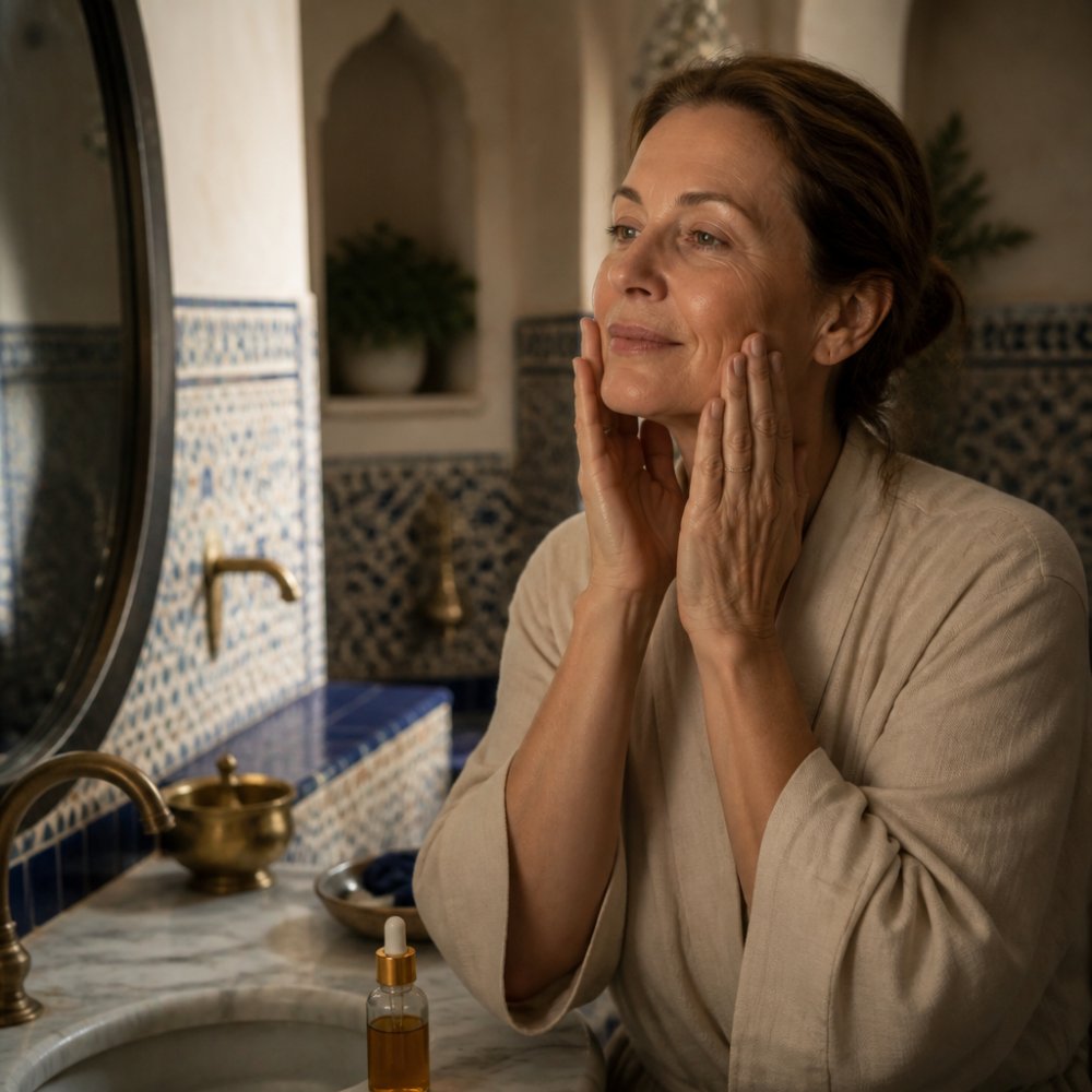 Close-up of a woman's hands gently massaging a few drops of golden argan oil into her facial skin, with a small glass dropper bottle on a marble vanity in soft natural light